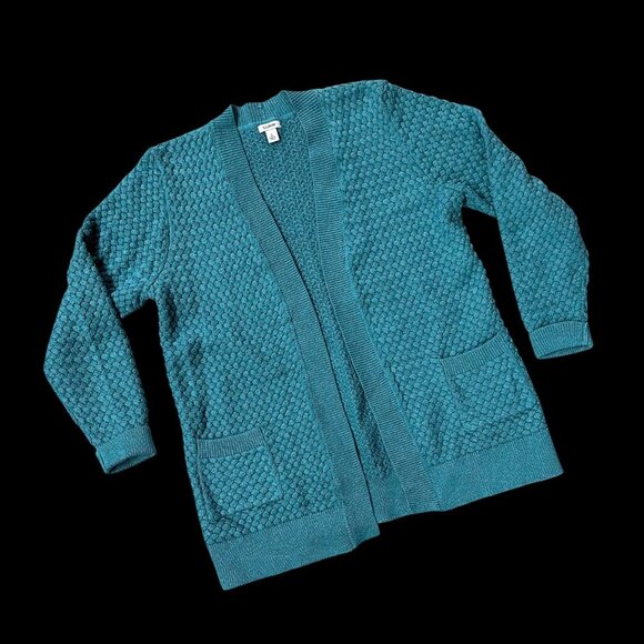 L.L.Bean Sweaters - LL Bean Cardigan Sweater Womens Teal Knit Large Open Front Long Sleeve Woven